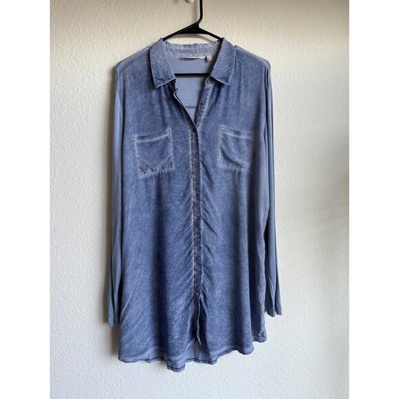 Soft Surroundings Slinky‎ Silk Shirt Womens L Lagenlook Button Up Blue Wash Top - Picture 1 of 6
